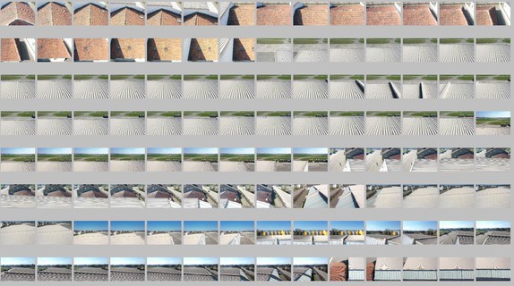 Einzelne Detailaufnahmen einer Gebäudefassade, die mittels eines Quadcopters aufgenommen wurden.
